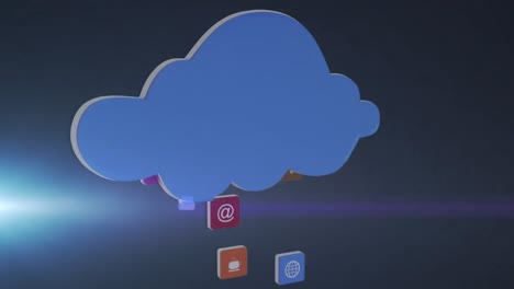 animación de una nube con iconos de interfaz coloridos que suben con luz brillante sobre un fondo azul