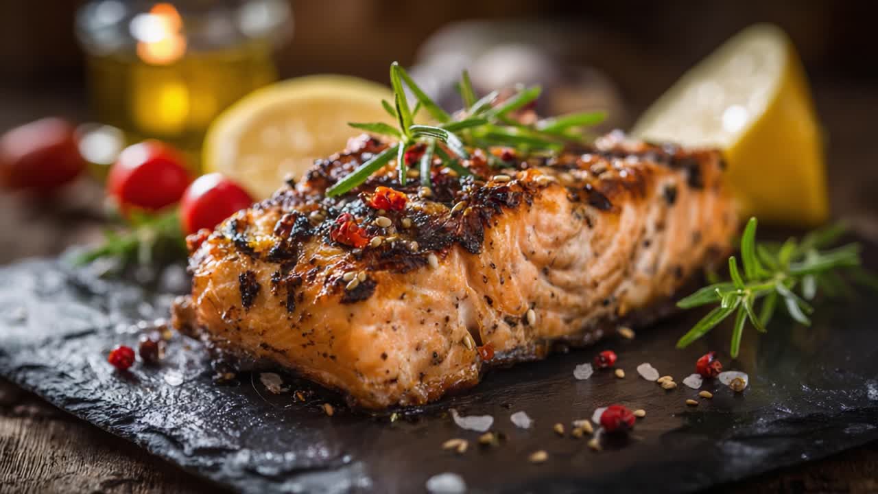 Deliciously Grilled Salmon with Aromatic Herbs and Zesty Lemon, Perfectly Cooked and Served on a Slate Platter for an Exquisite Culinary Presentation