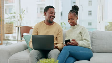 Black-couple,-home-laptop-and-online-finance-check