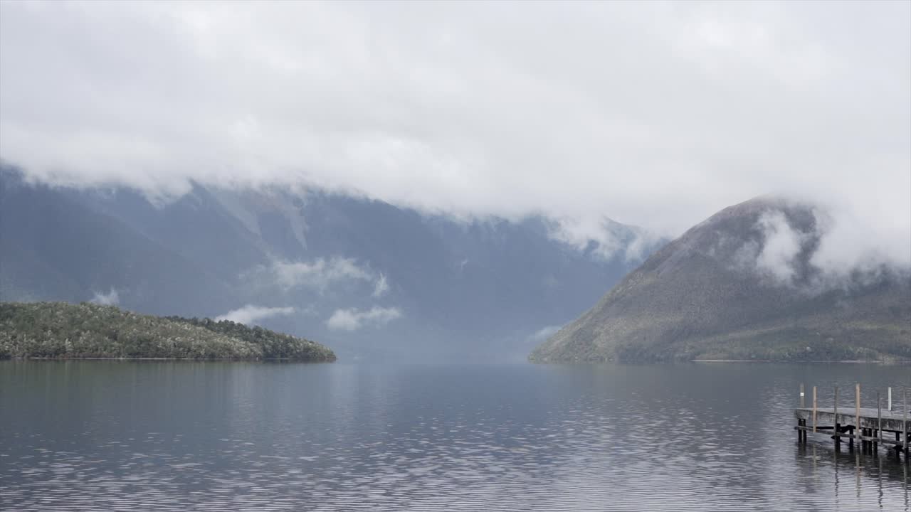 Serene Lake Scene with Mountains and Pier
