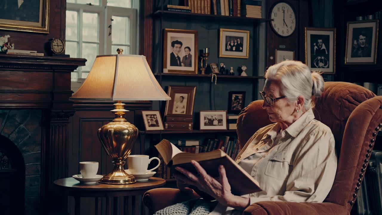 A cozy, vintage-style video scene of an elderly woman reading in an armchair, captured from a side