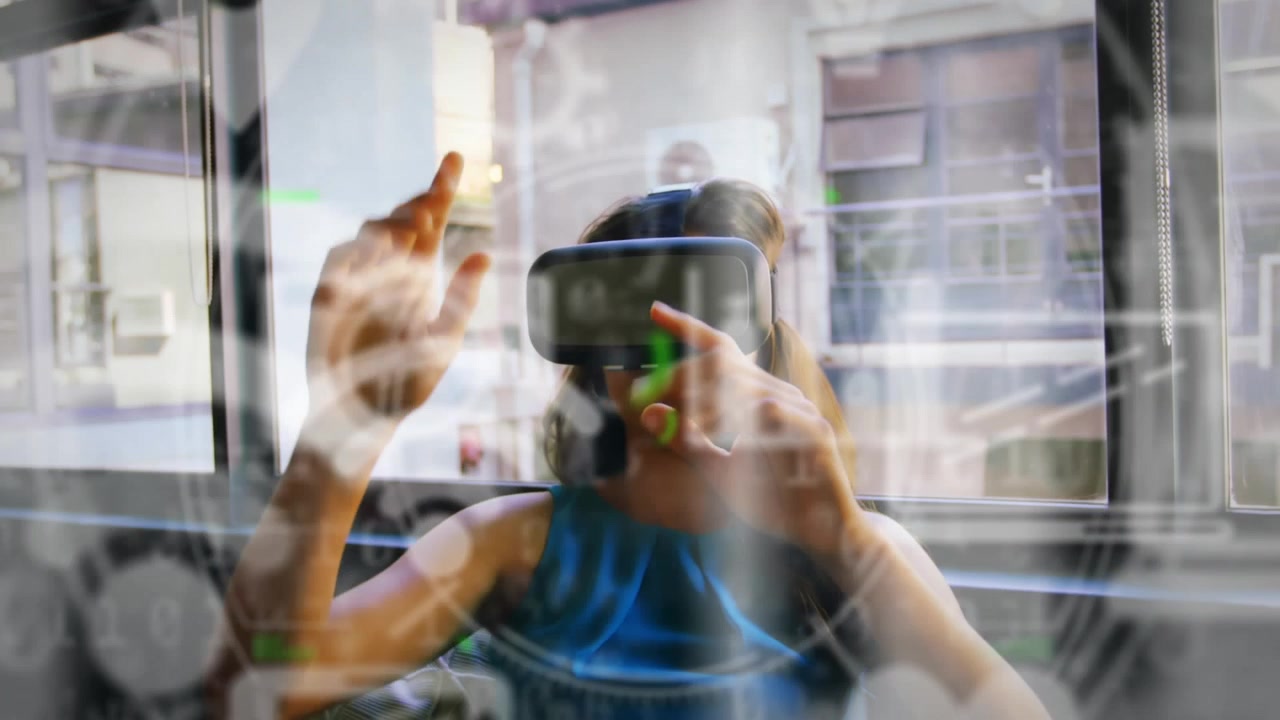 Young Woman Interacting with Virtual Reality Interface in Modern Office