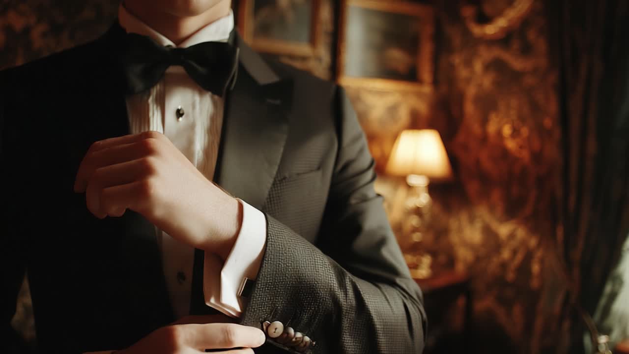 A Well-Dressed Individual Adjusts Their Cufflinks and Bow Tie, Portraying Elegance and Sophistication in a Luxurious Setting with Opulent Background Details
