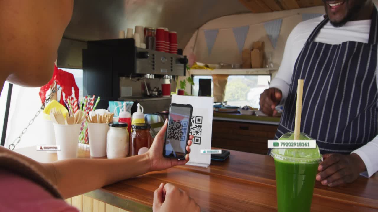 Customer taking green smoothie, scanning QR code for payment in mobile cafe, HUD labels clustering
