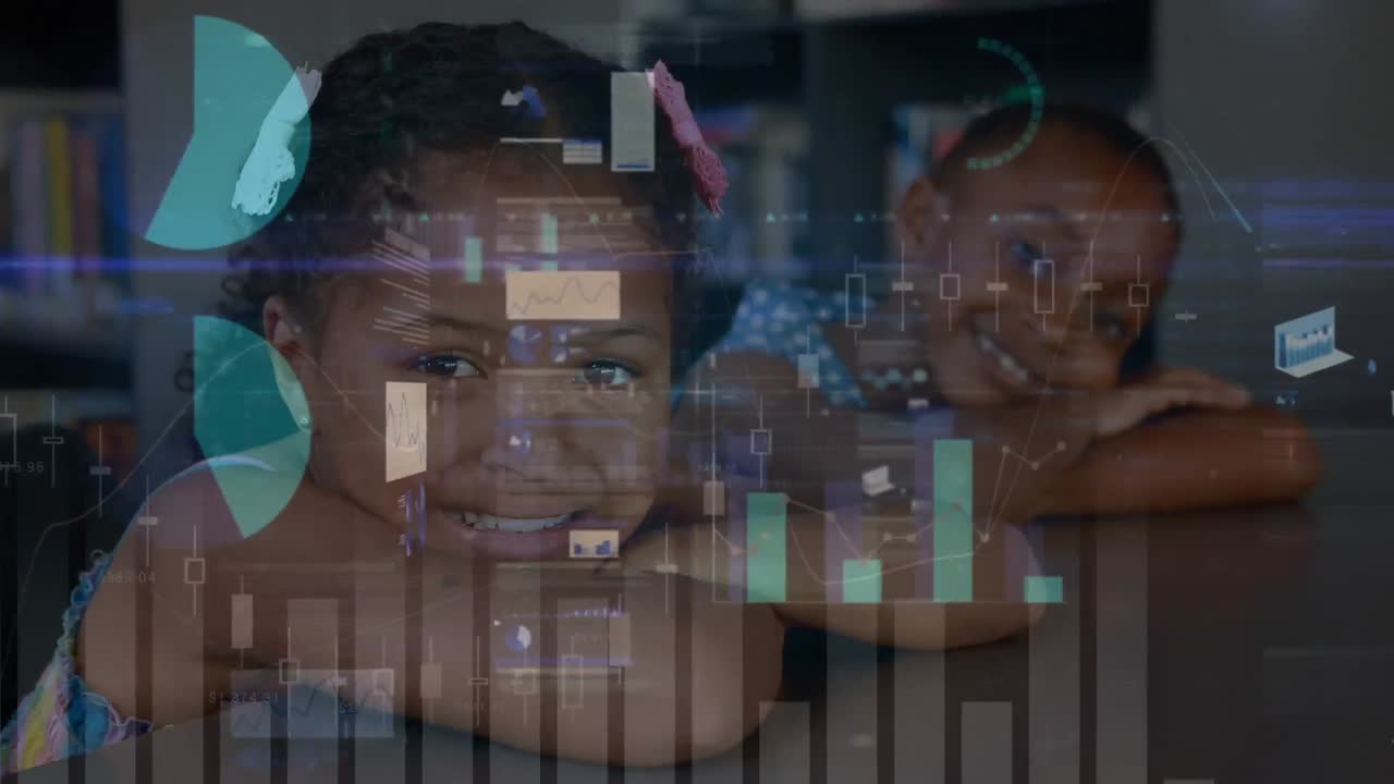 Animation of two girls over data processing  in the background