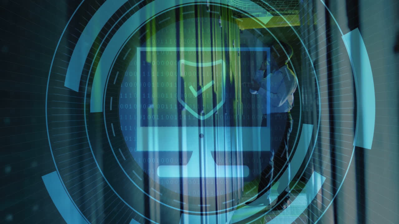 animación de alcance sanning wirh icono de computadora sobre hombre de negocios caucásico en la sala de servidores