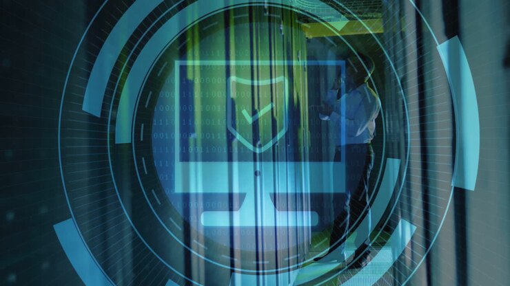 animation von scope sanning wirh computer-icon über kaukasischen geschäftsmann im serverraum