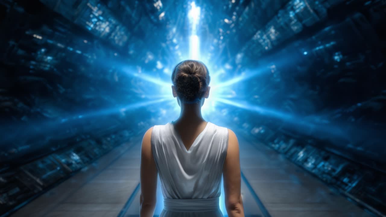 Uma Jornada Misteriosa Aguarda: A Jornada de uma Figura de Branco Aproximando-se de uma Fonte de Luz Radiante em um Ambiente de Ficção Científica Repleto de Tecnologia Futurista.