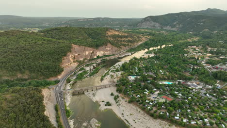 ardèche river landscape aerial view with camping site southern france