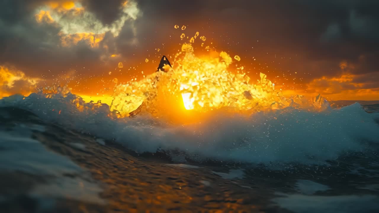 Shark leaps at sunset by shore. A shark leaps from the ocean waves as the sun sets, creating a dramatic silhouette against the colorful sky.