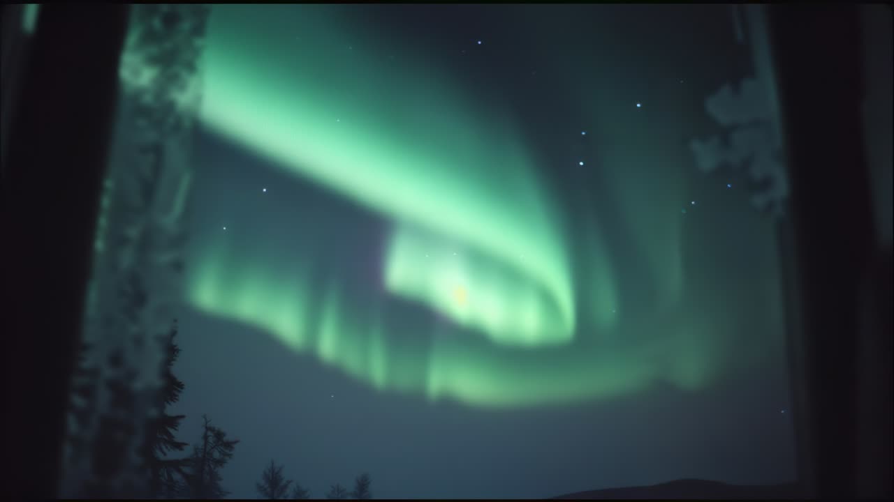 Faint green band appearing and swirling into aurora over forest clearing, with conifer silhouettes