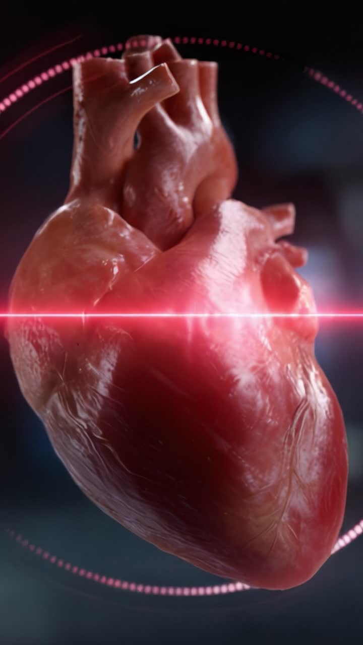 Detailed 3D Visualization of a Human Heart Displaying Anatomical Features and Pulsating Rhythm in a High-Resolution Render with Futuristic Elements