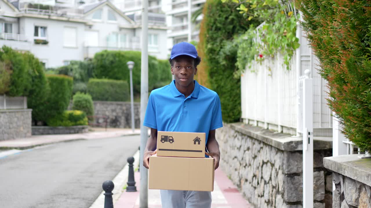Delivery man carrying packages on a residential street