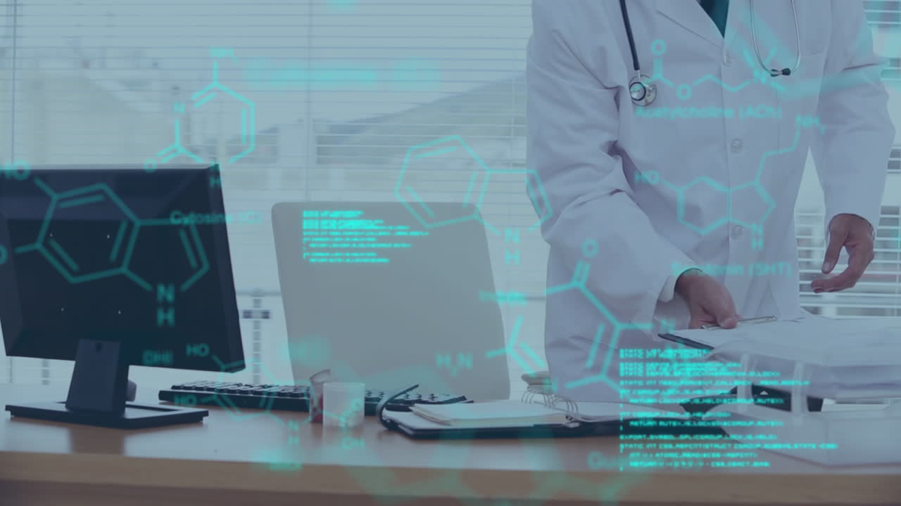 백인 남성 의사에 대한 과학 데이터 처리 애니메이션