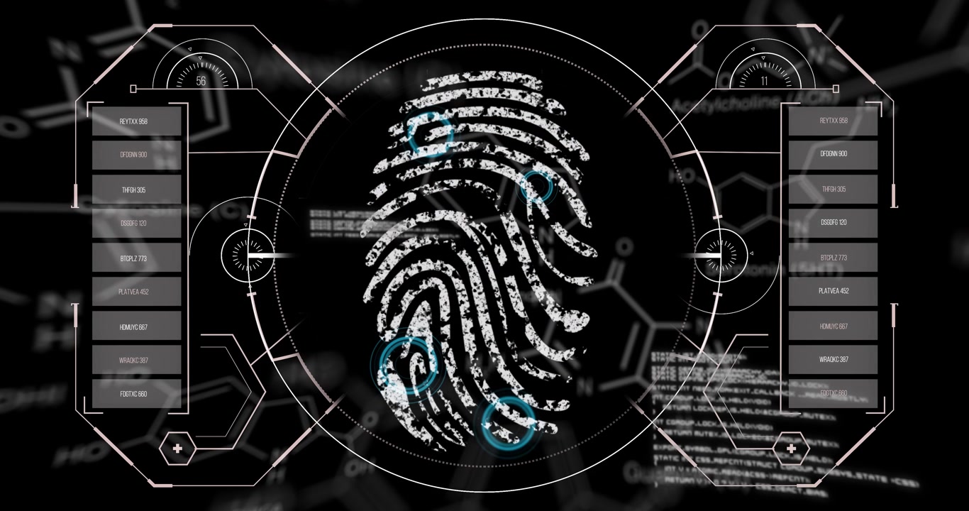 Animation of chemical formulas and data processing over fingerprint on black background