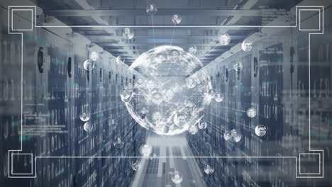 animation of globe spinning data processing and information through computer processors behind