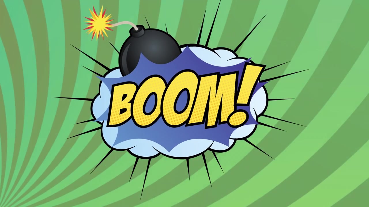 Animation af boom-tekst på grøn baggrund