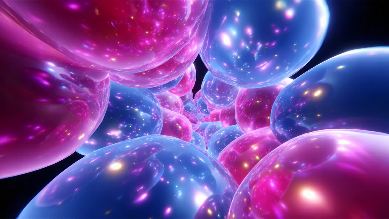 A mesmerizing journey through a vibrant tunnel of glowing bubbles, showcasing a fusion of brilliant pink and blue colors, with sparkling stars that illuminate the path, creating an enchanting cosmic experience