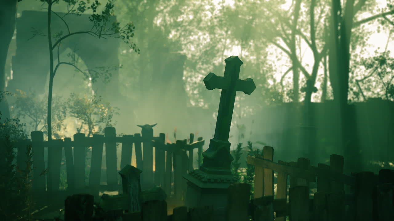 Mysterious gravestone surrounded by misty forest at twilight
