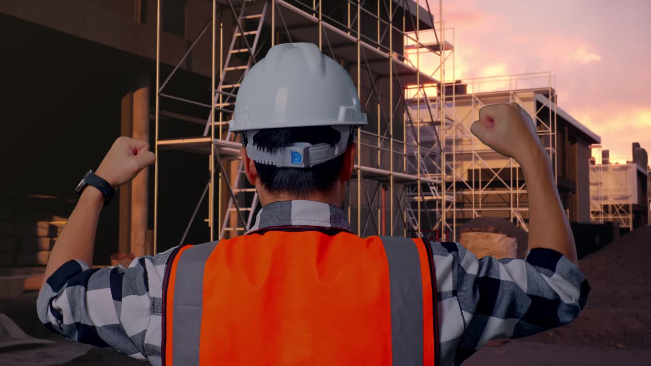 Construction Worker Flexing Biceps at Sunset on Building Site