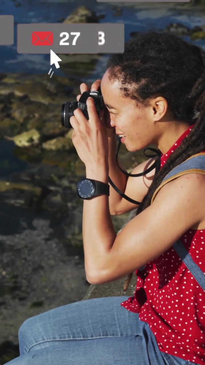 Taking photo by sea, social media interaction animation over woman