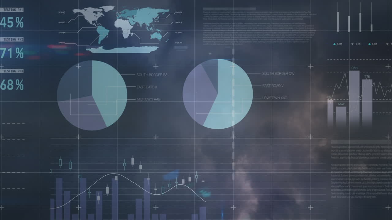 animación del procesamiento de estadísticas sobre el cielo con nubes