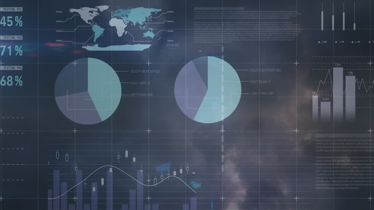 Animation of statistics processing over sky with clouds