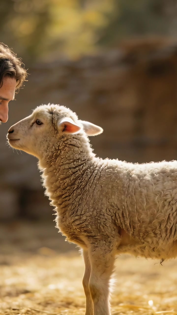 Video verticale: Uomo che si china ed entra da sinistra, si avvicina a un agnello sulla paglia, l'agnello gli annusa il viso, fidandosi