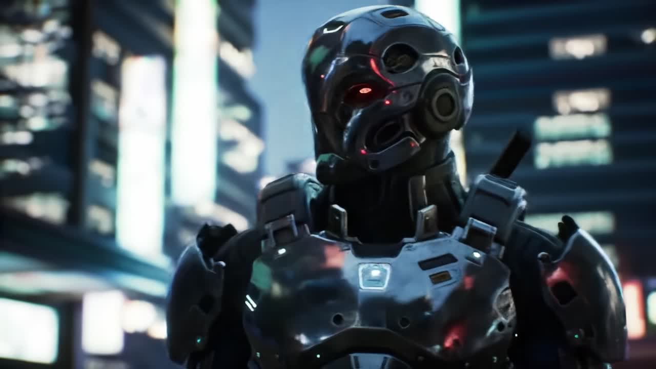 Futuristic robot in a city at night