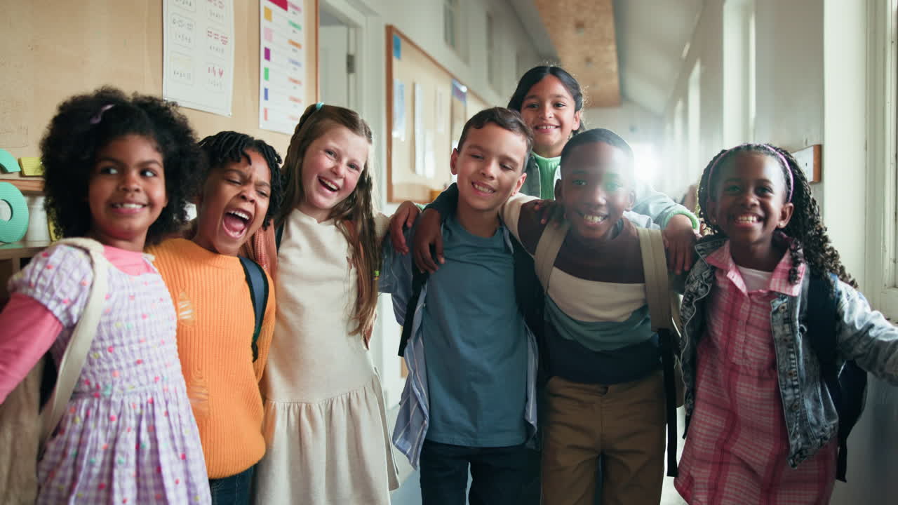 Group of diverse elementary school children in a school hallway