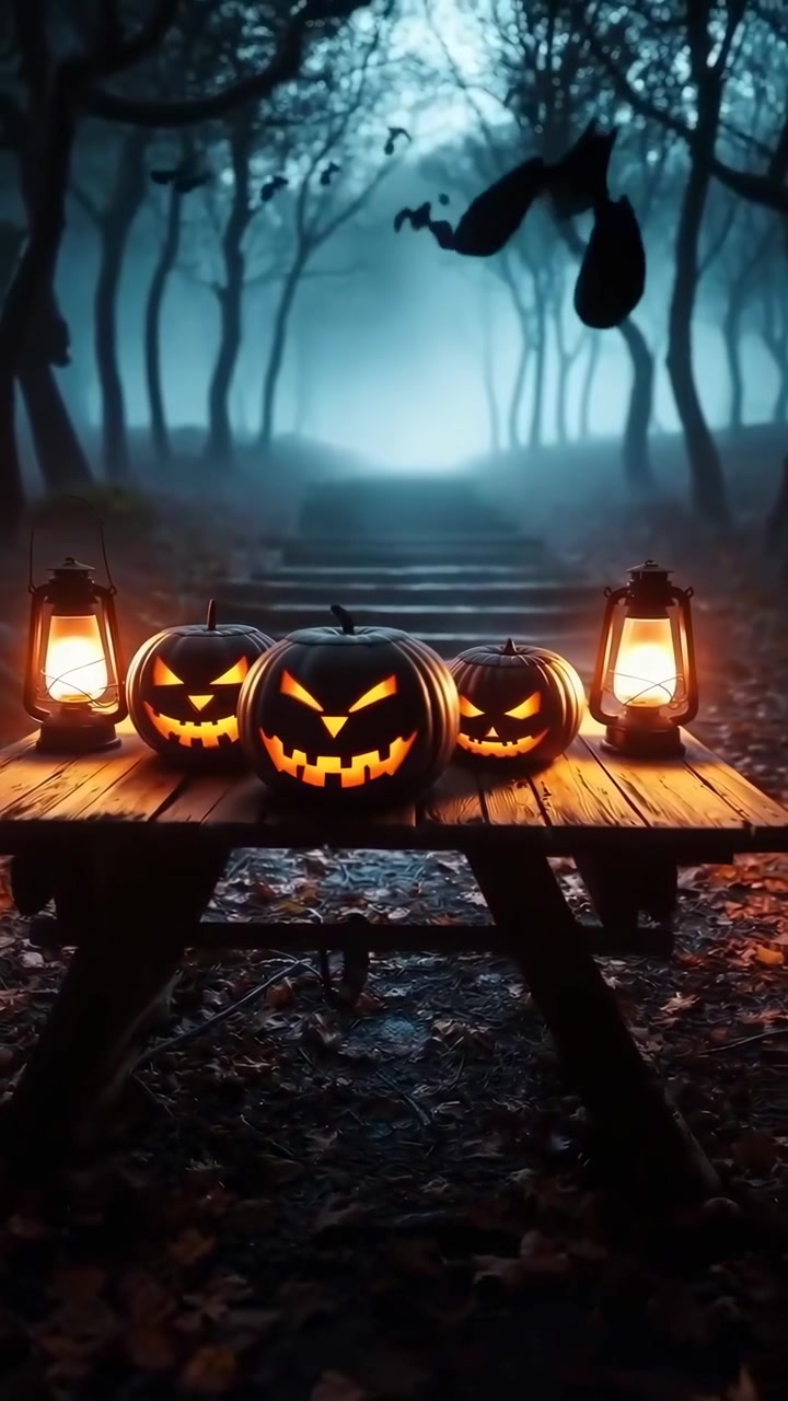 Jack-o'-lantern intagliate su un tavolo di legno in una foresta nebbiosa