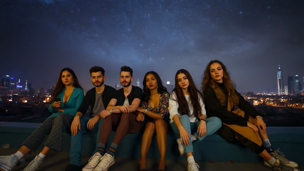 Camera zooming in as six friends shifting for comfort on roof bench with smartphone and cushions