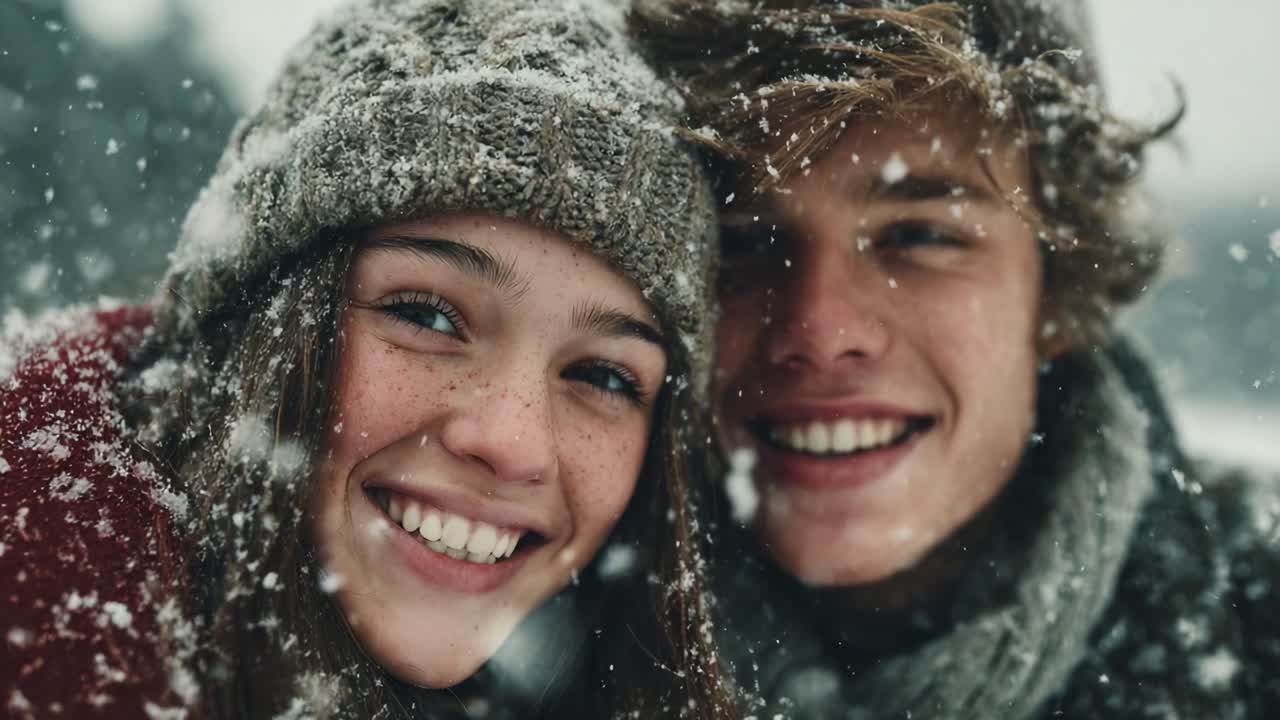 A Joyful Winter Scene: Two Friends Smile Radiantly Amidst Snowy Landscape, Capturing the Essence of Happiness and Friendship in a Winter Wonderland
