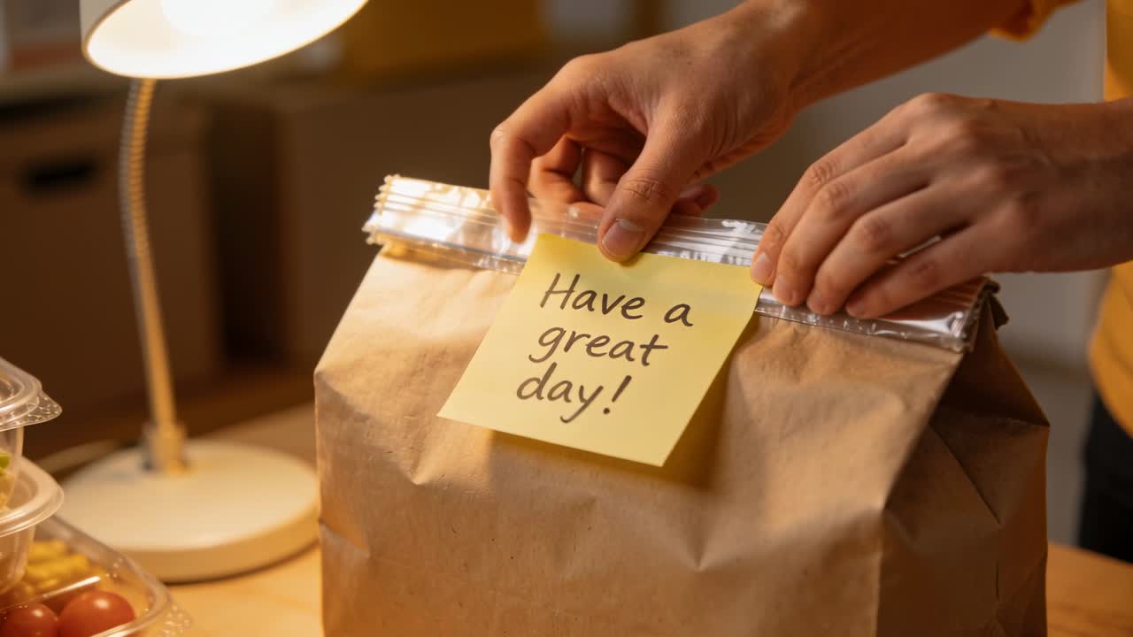 Vertical video: Hands holding yellow note above seal aligning and pressing onto lunch bag for prep
