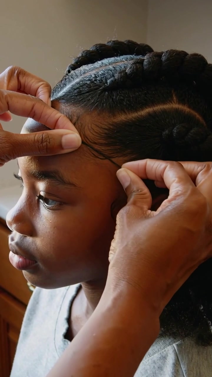 Vertical video: Parting temple, hands smoothing edges on teen at home, styling braids and gray tee