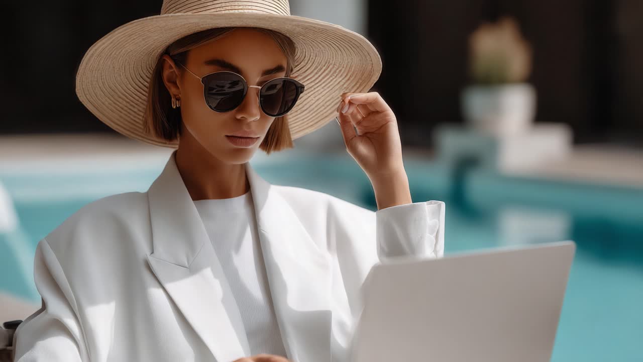 Elegant Woman in Stylish Hat and Sunglasses Working on Laptop by a Poolside, Exuding Confidence and Sophistication Amid a Modern Relaxation Space