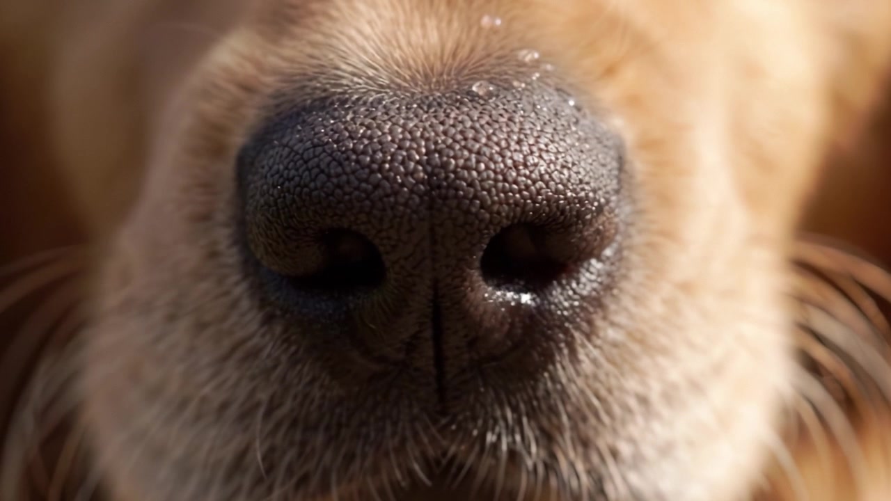Un primer plano de la nariz de un perro, capturando los intrincados detalles y texturas de su hocico con una claridad asombrosa, mostrando perfectamente el encanto y el carácter canino