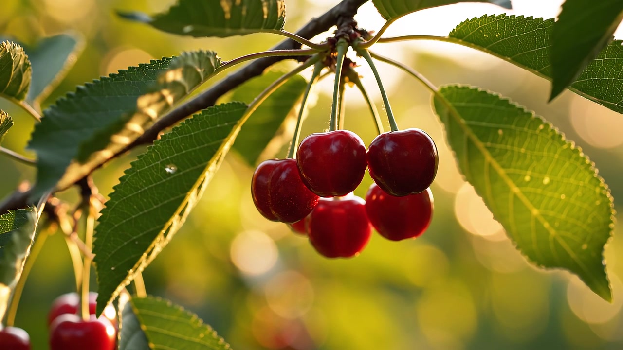 Ciliegie rosse fresche e mature pendenti da un ramo d'albero al sole