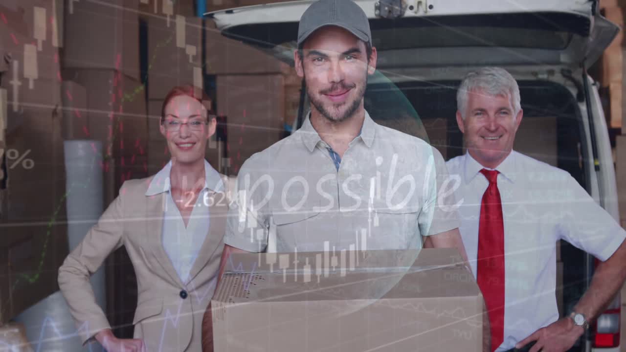 обработка статистических данных против белого доставщика и мужчины и женщины руководители улыбаются