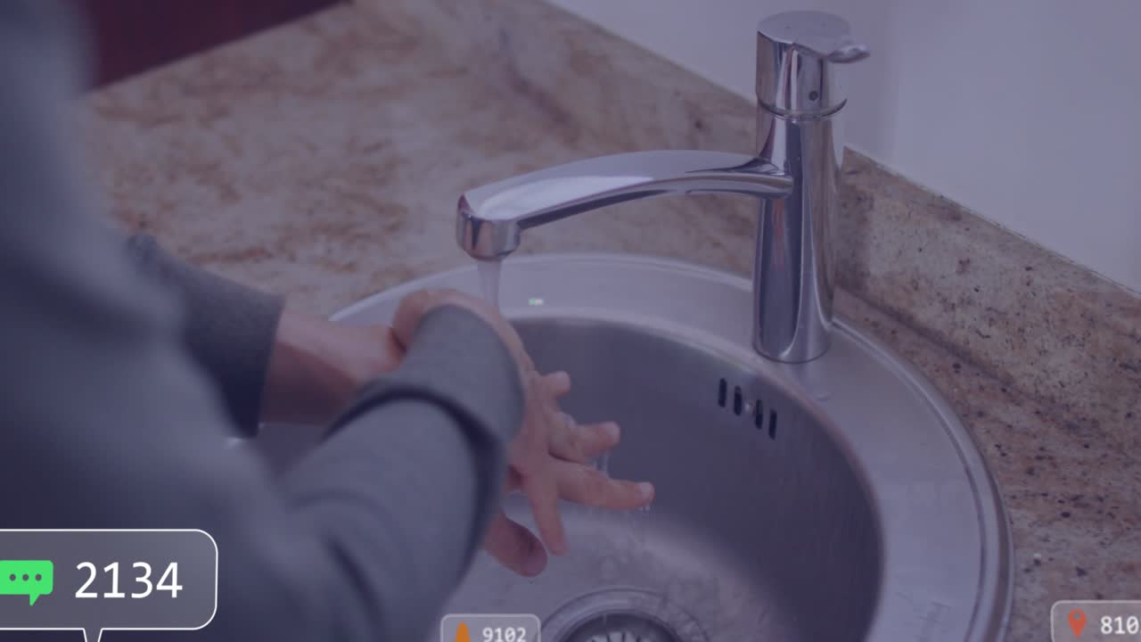 Hands entering left, washing under chrome faucet spawning tech icons with counts rising then fading