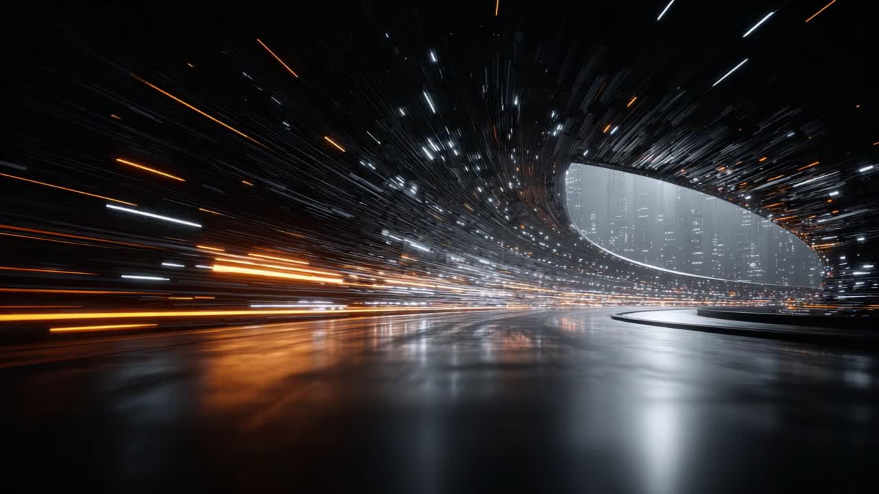 A captivating journey through a futuristic tunnel, where lights streak by in a blur, creating an immersive experience of speed and motion in a cybernetic landscape