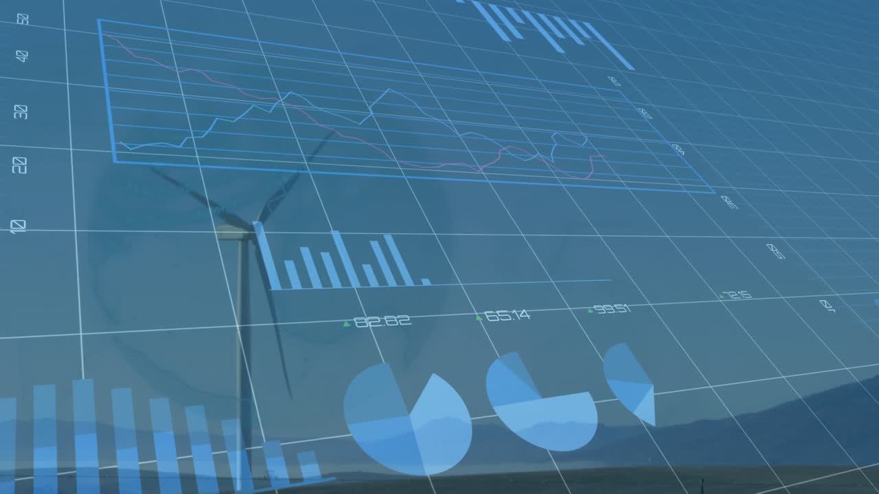 하늘의 구름에 대항하여 초원에서 회전하는 풍차를 통해 통계 데이터 처리의 애니메이션