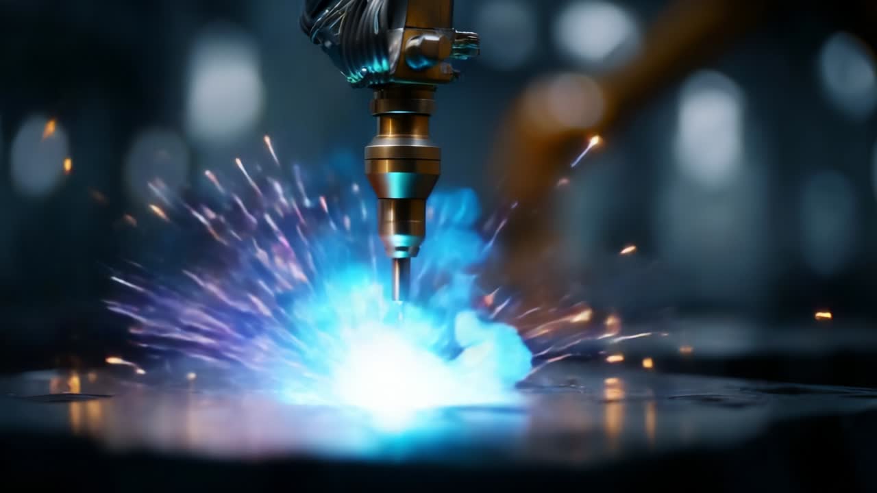 Dynamic Spark Generation from Advanced Robotic Welding Equipment in an Industrial Setting, Showcasing the Precision and Power of Automated Techniques for Metal Fabrication and Engineering Processes