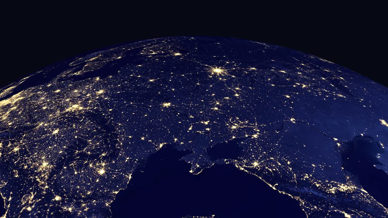 Digital globe rotates and zooms into a nighttime view of Kyiv Ukraine with city lights