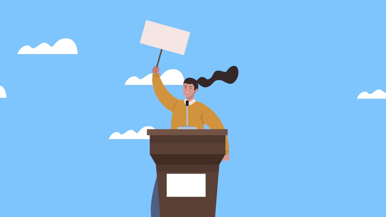 여성이 연설 포디움에서 배너를 들어 올리는 선거 날 애니메이션