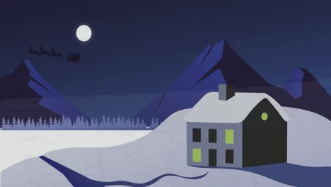 Silhouette-of-Santa-Claus-in-sleigh-being-pulled-by-reindeers-against-moon-and-winter-landscape