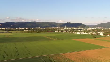 Panning-shot-of-German-farm-fields-with-mountains-in-the-background-and-cumulus-clouds-in-the-blue-sky