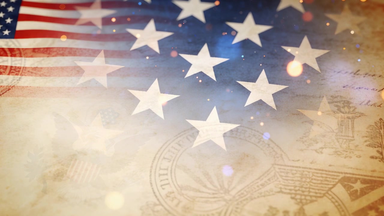 On play, animating stars, Great-Seal eagle fading on sepia parchment with glowing light for banner