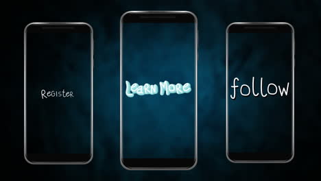 animation of words register learn more and follow flickering on screens of three smartphones