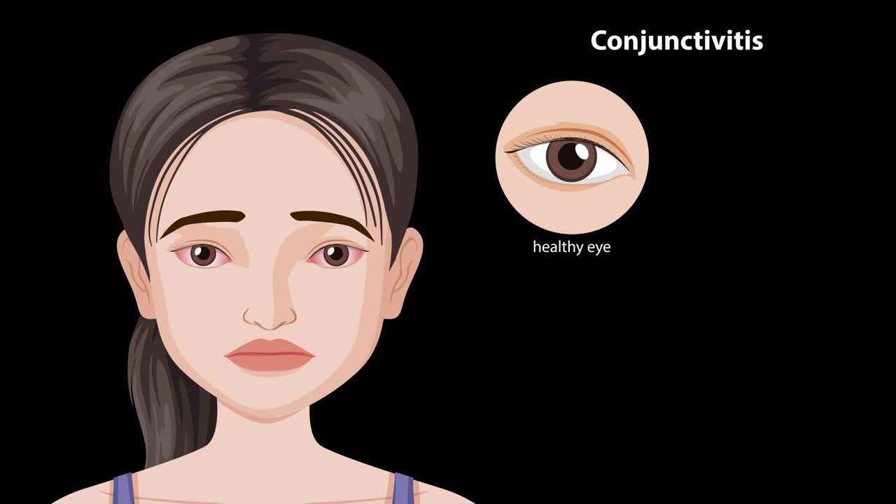 Animated sequence illustrates healthy, allergic, bacterial, and viral conjunctivitis in girl’s eyes, black background